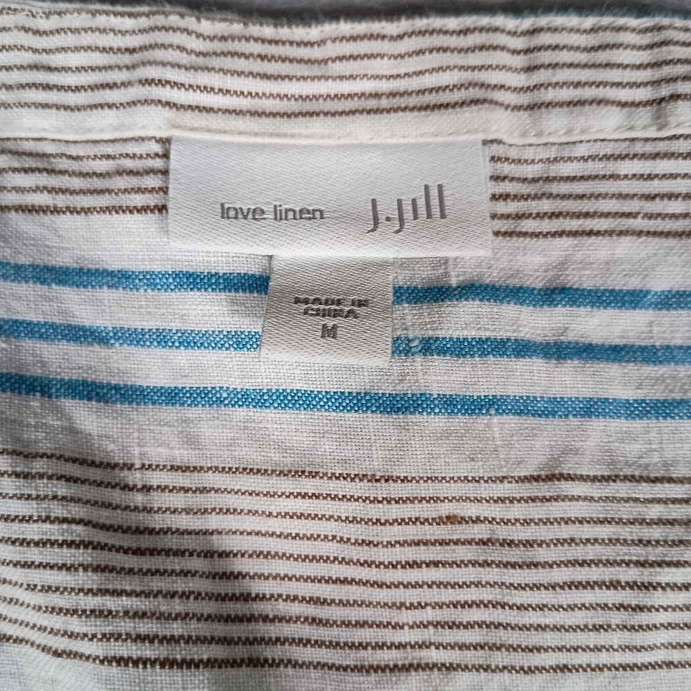 J. Jill Love Linen Dress Blue & Brown Stripes Patch Pockets Size M 100% Linen - Picture 2 of 7